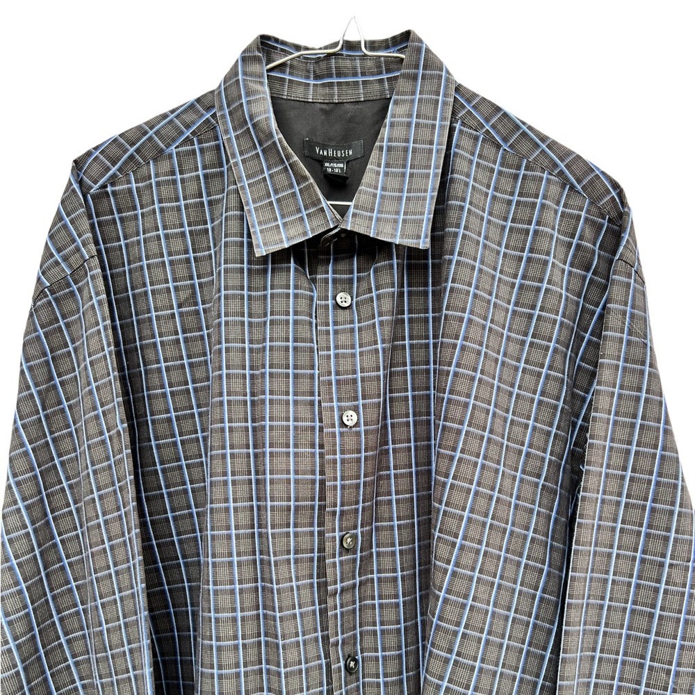 VAN HEUSEN Men's Black blue Square Plaid Button Up Long Sleeve Dress Shirt XXL